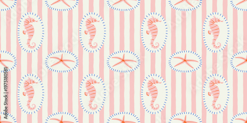 Vintage seahorse seamless pattern. Marine star fish background illustration in hand drawn style. Retro beach surface print design, summer vacation texture.