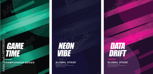 Neon abstract gaming posters set, futuristic data drift and game time banners, 3 vertical vector templates with glowing geometric speed lines