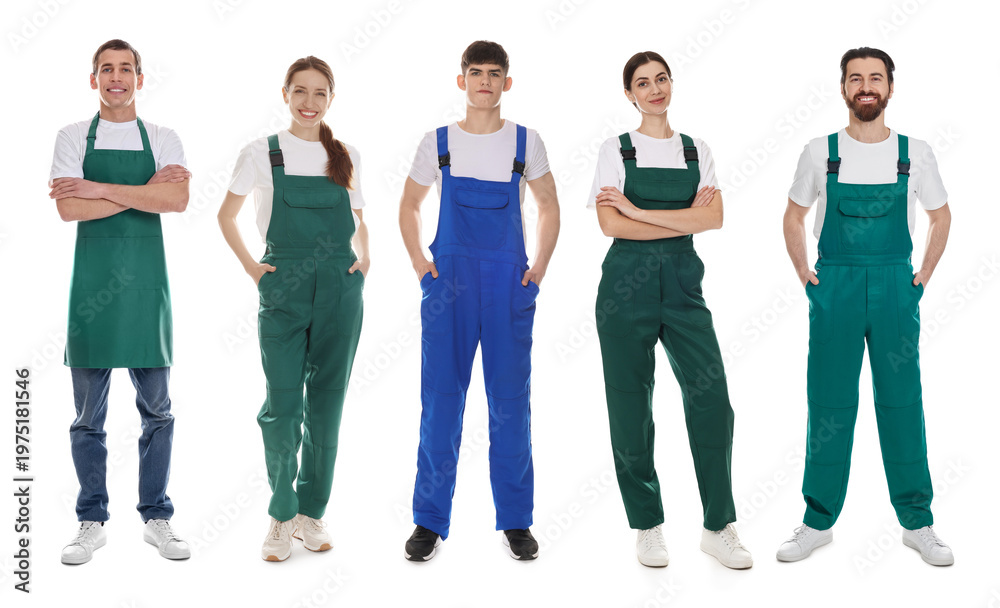 Obraz premium Cleaning service workers in uniforms. Portraits on white background