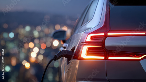 Electric vehicle charging at dusk with glowing rear lights against a blurred cityscape background showcasing modern clean transportation technology