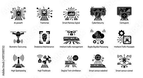 Minimalist black glyph icon set illustrating smart railway systems powered by AI and advanced technologies.