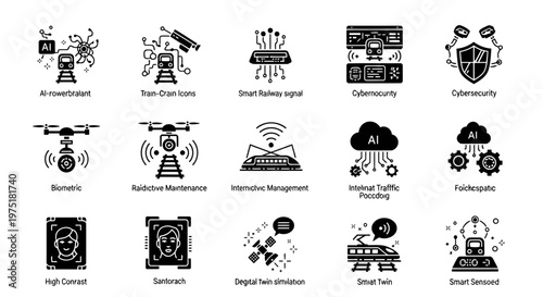 A unique collection of 12 black vector icons representing futuristic railway intelligence technology including AI surveillance, smart sensors, predictive maintenance, and autonomous train systems.