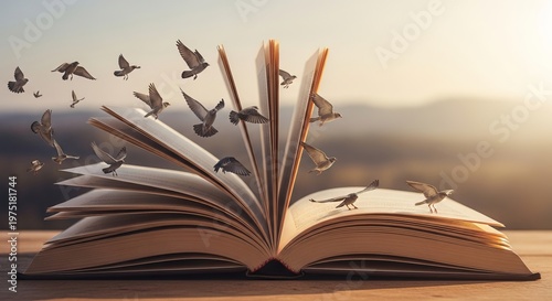 Surrealist Design  - Open book with pages transforming into flying birds in sunlight, World Book Day  