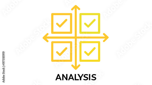 Strategic alignment and business analysis vector icon illustration featuring a four-quadrant grid with checkmarks and directional arrows in a red-yellow gradient for corporate planning.