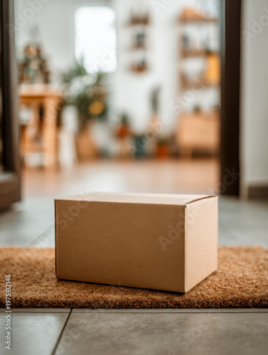 A cardboard package sits on a welcome mat at the entrance of a cozy home with warm natural light and blurred interior decor in the background