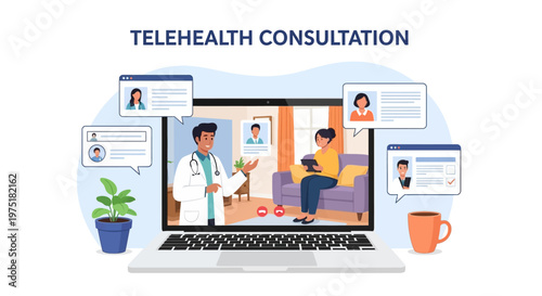 A doctor is providing a telehealth consultation to a patient on a laptop screen, with chat windows and a medical dashboard in a modern, minimalist style against a clean white background