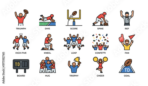 Icon set of american football actions and celebrations