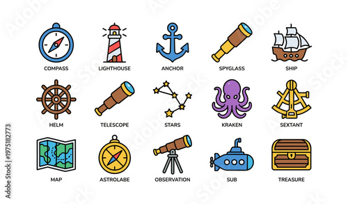 Nautical icons set featuring compass anchor telescope ship kraken treasure map
