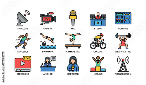 Sports broadcast and journalism icons highlighting various activities and media roles