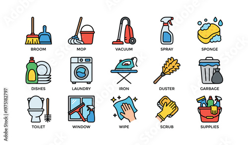 Colorful household cleaning tools and supplies icons set