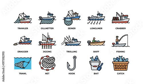 Various fishing boats and gear icons: trawler, seiner, longliner, crabber, hook, bait
