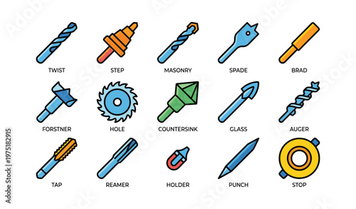 Colorful assortment of drill bits and tools on white background