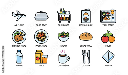 Airplane meal options: food tray, menu choice, drink cart, and snacks