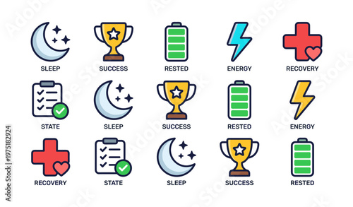 Icons of sleep, success, energy, recovery, rested states