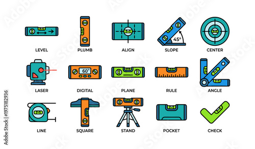 Colorful construction tools icons: level, plumb, align, digital, pocket, check