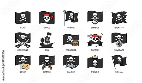 Pirate icons collection featuring flags, skulls, swords, ships, and treasure