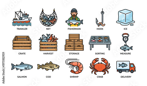 Fishing industry elements with fisherman, tools, and seafood icons