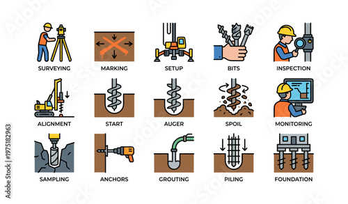 Construction icons featuring surveying, drilling, and monitoring equipment and processes