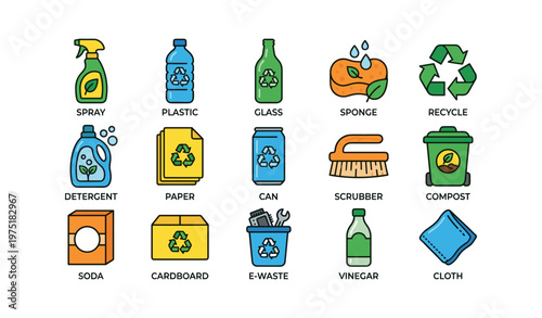 Recycling and cleaning icons: plastic, glass, sponge, recycle, compost