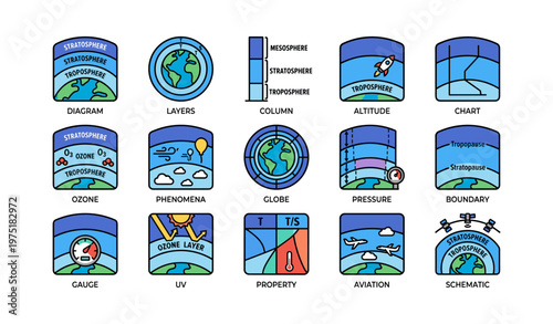 Atmospheric layers icons representing stratosphere troposphere and related concepts