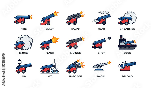 Cartoon cannons and battleship with explosive effects in various firing positions
