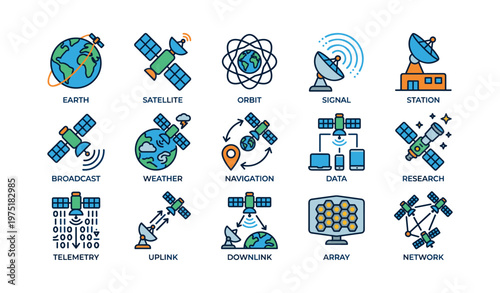 Illustrated satellite and space communication icons for navigation and research