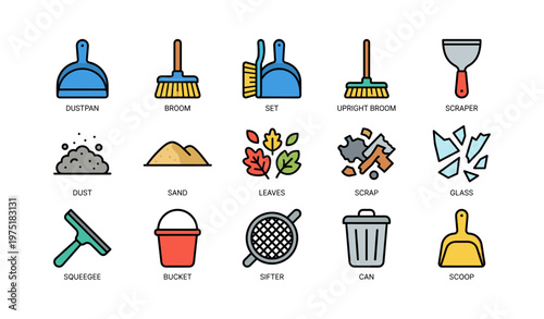 Colorful cleaning and maintenance tools illustration with dustpan broom scraper and more
