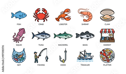 Seafood icons: fish, crab, lobster, shrimp, clam, squid, tuna, mackerel, bass
