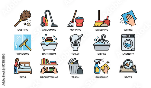 Household cleaning icons: dusting, vacuuming, mopping, sweeping, wiping tasks illustrated