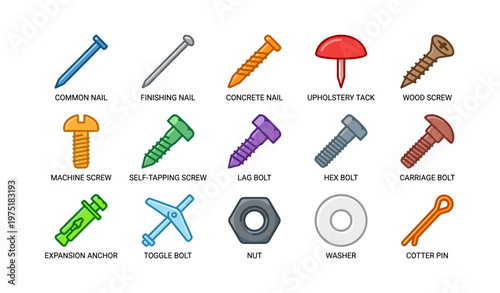 Various types of nails, screws, and fasteners in multiple colors
