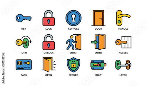 Security and access icons collection with locks keys and doors