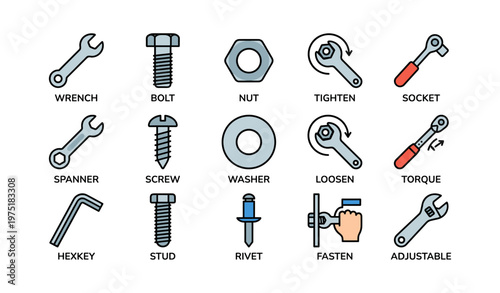 Various tools and fasteners including wrench, bolt, nut, and screw icons