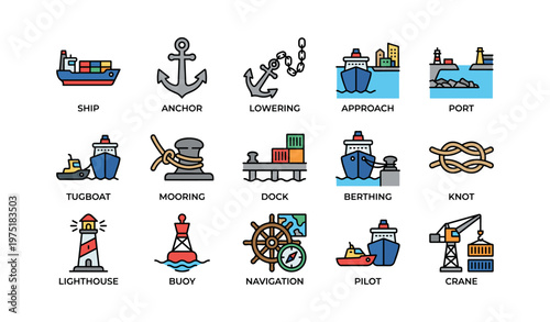 Maritime icons: ship, anchor, tugboat, lighthouse, navigation, buoy, port