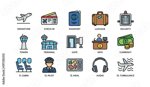 Set of 15 colorful airport and flight icons featuring travel and security elements