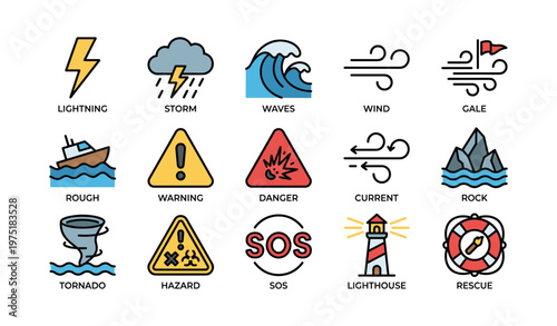 Weather and marine warning icons: lightning, storm, waves, wind, lighthouse