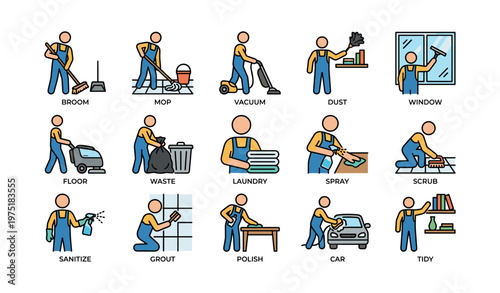 Cartoon characters cleaning with various tools and techniques