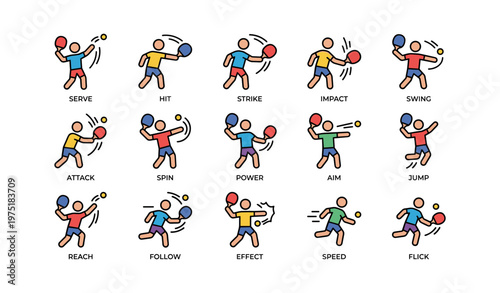 Cartoon table tennis actions with players in various movements