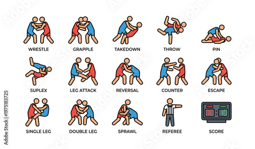 Wrestling techniques and referee icons with scoreboard display