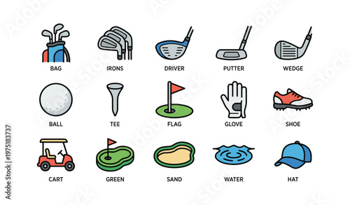 Golf equipment and course icons: clubs, ball, cart, green, flag