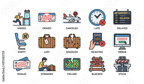 Travel setbacks icons: missed flights, denied entry, canceled plans, delays, lost luggage, errors