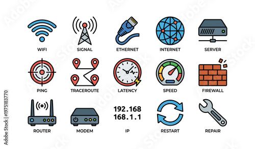 Network icon set: wifi, signal, ethernet, internet, server, ping, traceroute, latency, speed, firewall