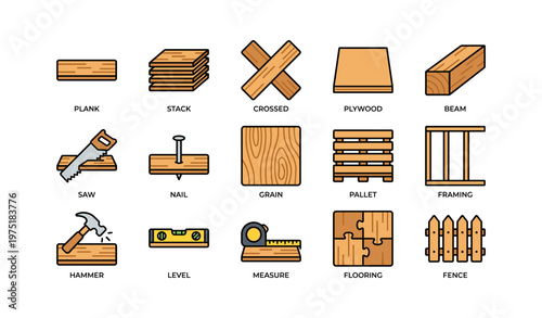 Woodworking icons: tools and materials for construction and carpentry