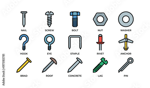 Various types of fasteners and fixings including nails, screws, bolts, nuts, and more