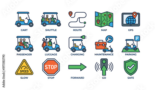 Golf cart icon set featuring route, map, gps, and safety elements