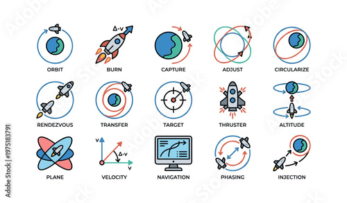 Space mission icons: orbit, rockets, and navigation elements