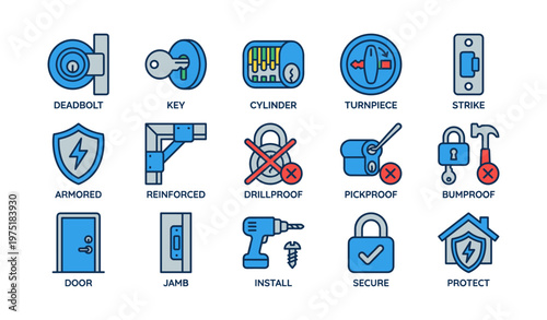 Home security icons featuring locks and tools for safety and protection