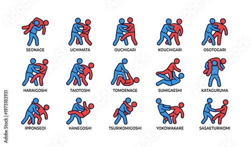 Illustrated judo moves: techniques with simplified stick figures
