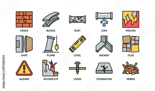 Collection of construction flaws and symbols for structural issues