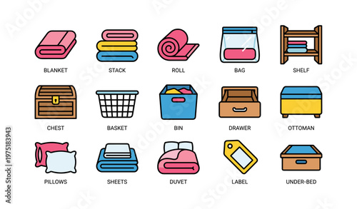 Colorful storage and organization icons featuring diverse household items
