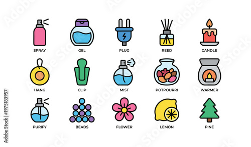 Assorted home fragrance icons including candle, spray, and potpourri